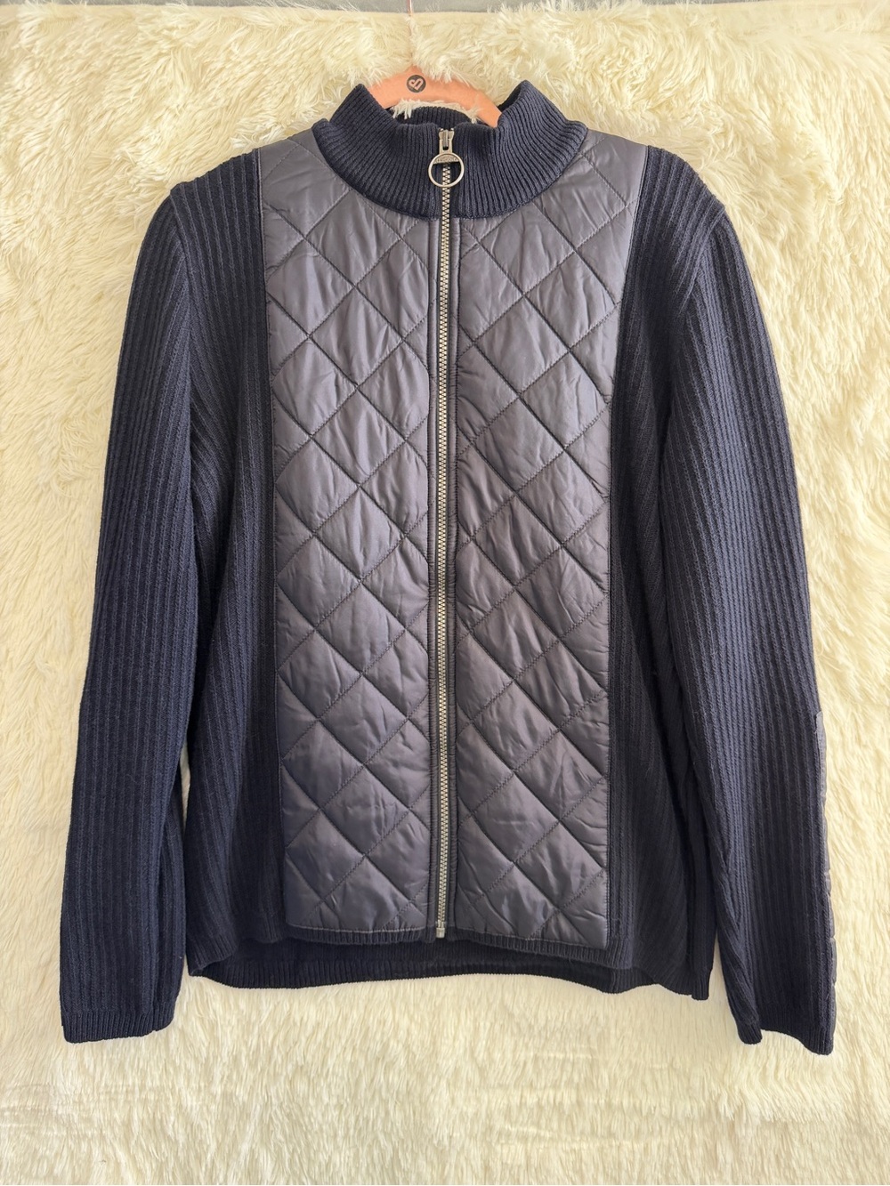 Barbour Womens Hybrid Quilted Full Zip Knit Cardigan Jacket 14  Navy Blue Wool